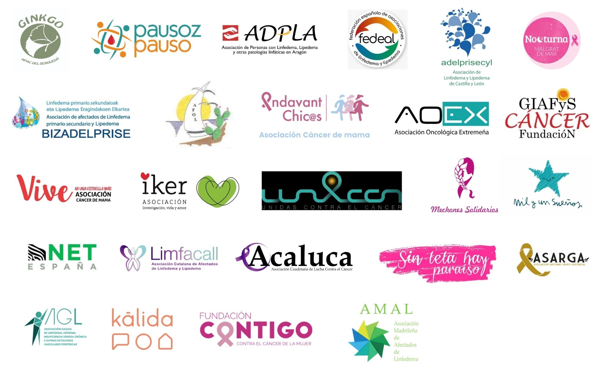 Logos de las asociaciones de pacientes colaboradoras: Ginkgo Apac del Berguedà, Pausoz Pauso, ADPLA, FEDEAL, Adelprisecyl, Nocturna Malgrat de Mar, Bizadelprise, AFOL, Endavant Chic@s, AOEX, GIAFyS Cáncer Fundación, Vive Asociación Cáncer de Mama, Iker Asociación, Unicán, Mechones Solidarios, Mil y un Sueños, NET España, Limfacall, Acaluca, Sin Teta Hay Paraíso, Asarga, AGL, Kālida, Fundación Contigo y AMAL